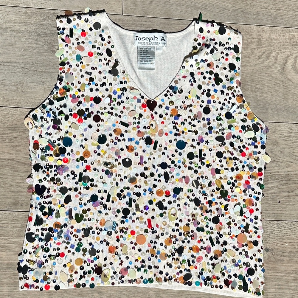 Vintage Joseph A White V-Neck Sequin Embellished Tank